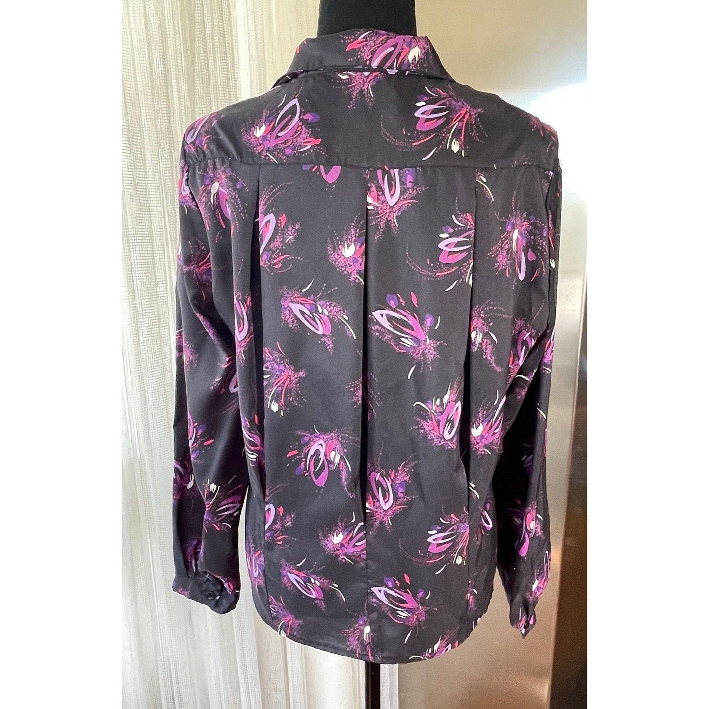 Vintage 80s satin blouse, black and hot pink, long sleeves