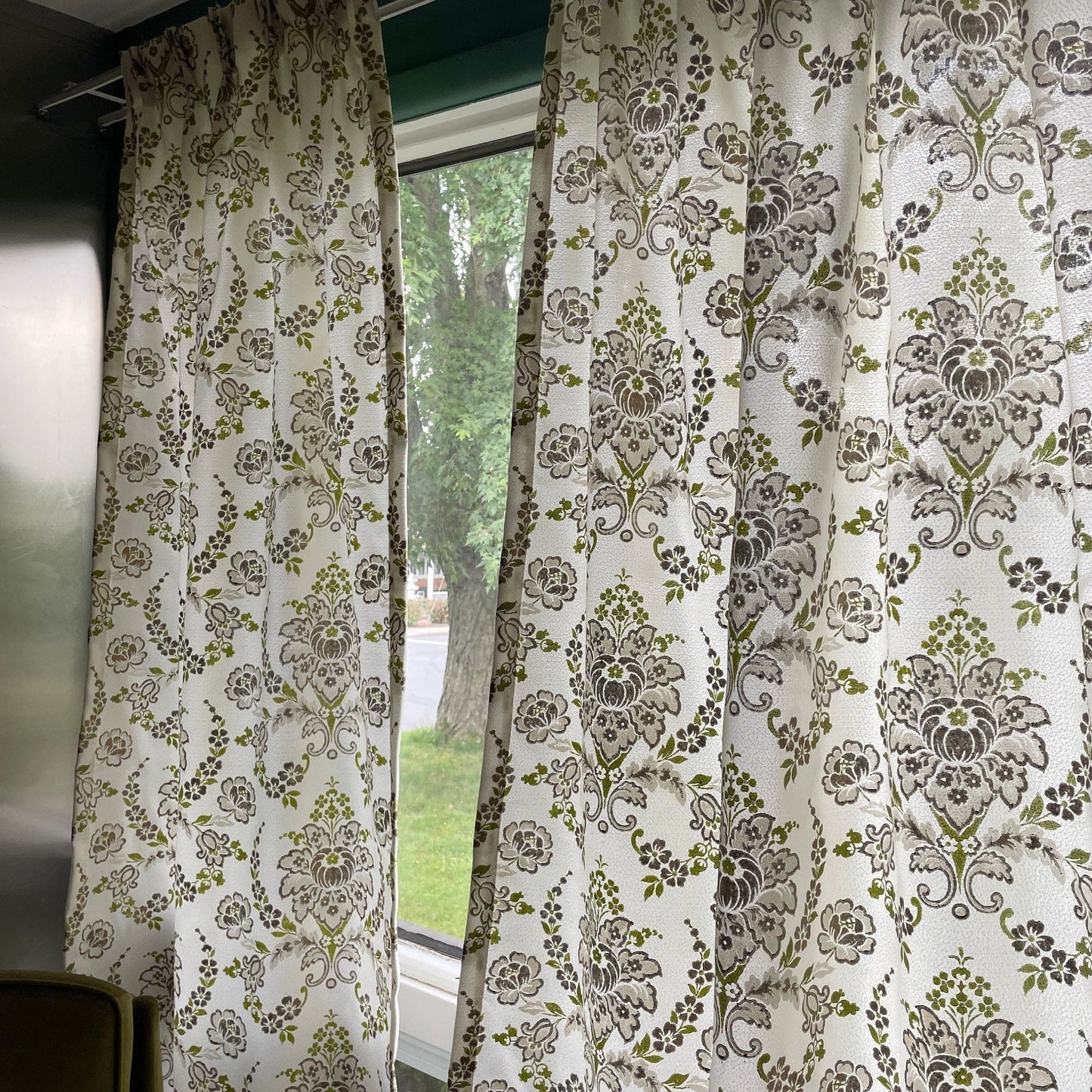 Vintage 60s pleated curtains, green and gold fiberglass panels