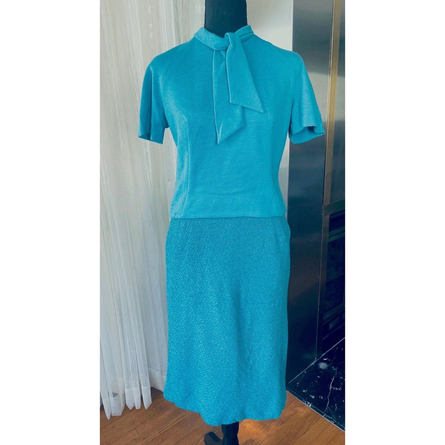Vintage 1960s 3 pieces suit, 100% wool, teal jacket, top and straight skirt, AlJean