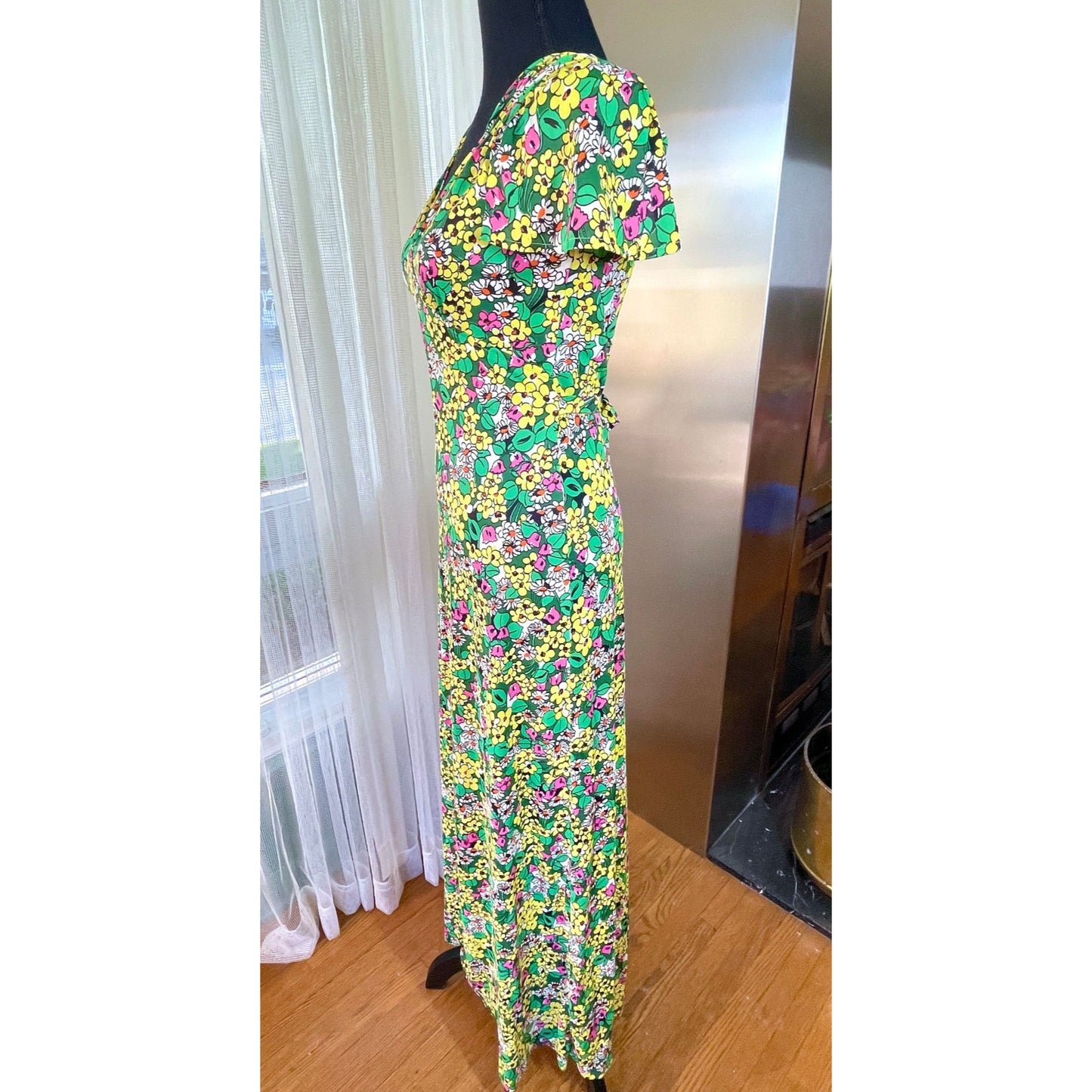 Vintage 1960s maxi dress, green, yellow and pink floral