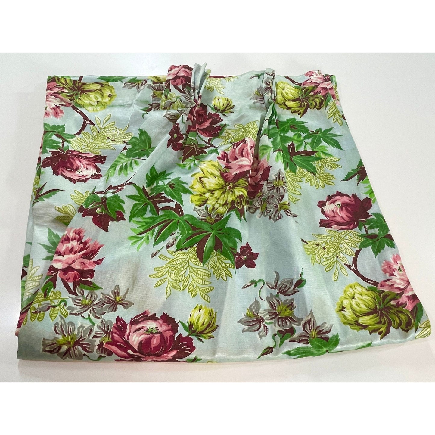 Vintage MCM pleated floral curtain panel, robin egg blue, pink yellow floral, greenery