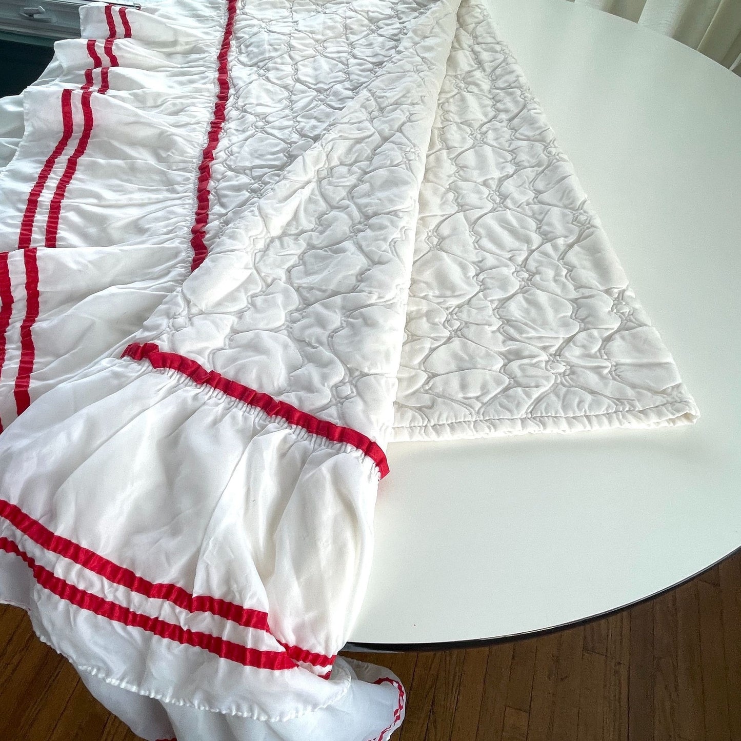 Vintage 80s ruffled satin bedspread, twin size, white with red ribbons