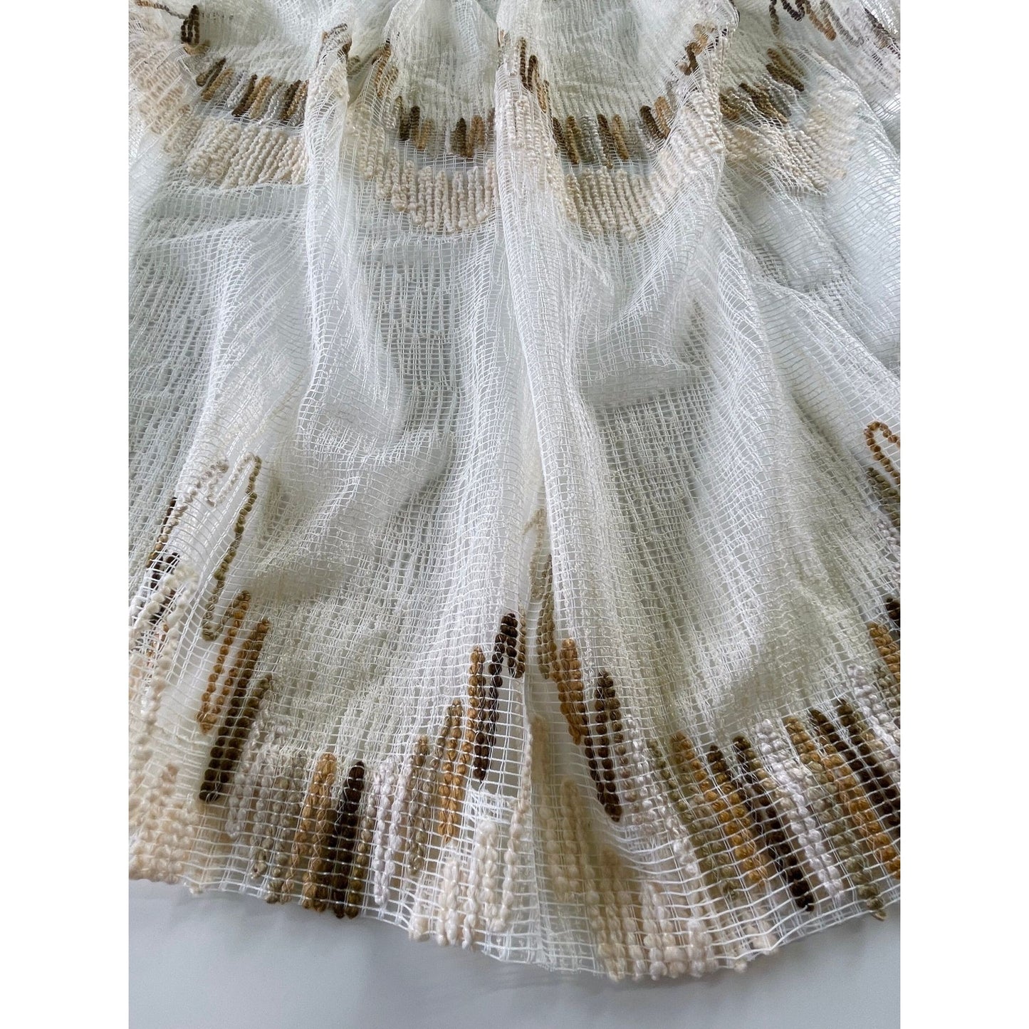 Vintage 80s pleated curtain, tan brown geometric mesh