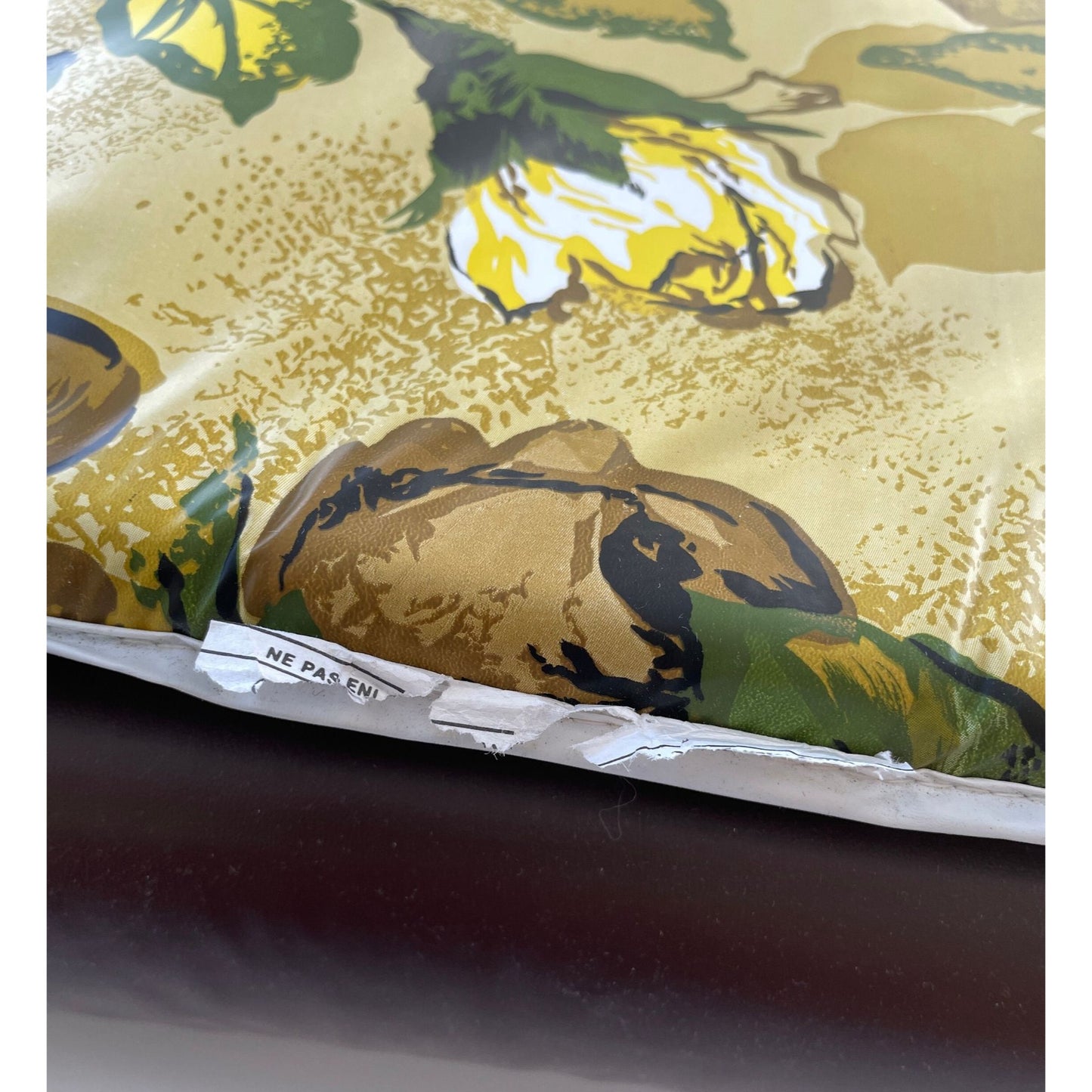 Vintage 70s vinyl lounge chair vinyl cushion, brown, green yellow flowers