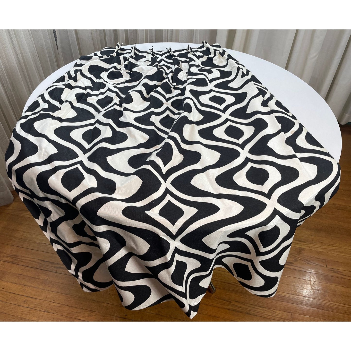 Vintage 50s pleated fiberglass curtains, Op Art black and white