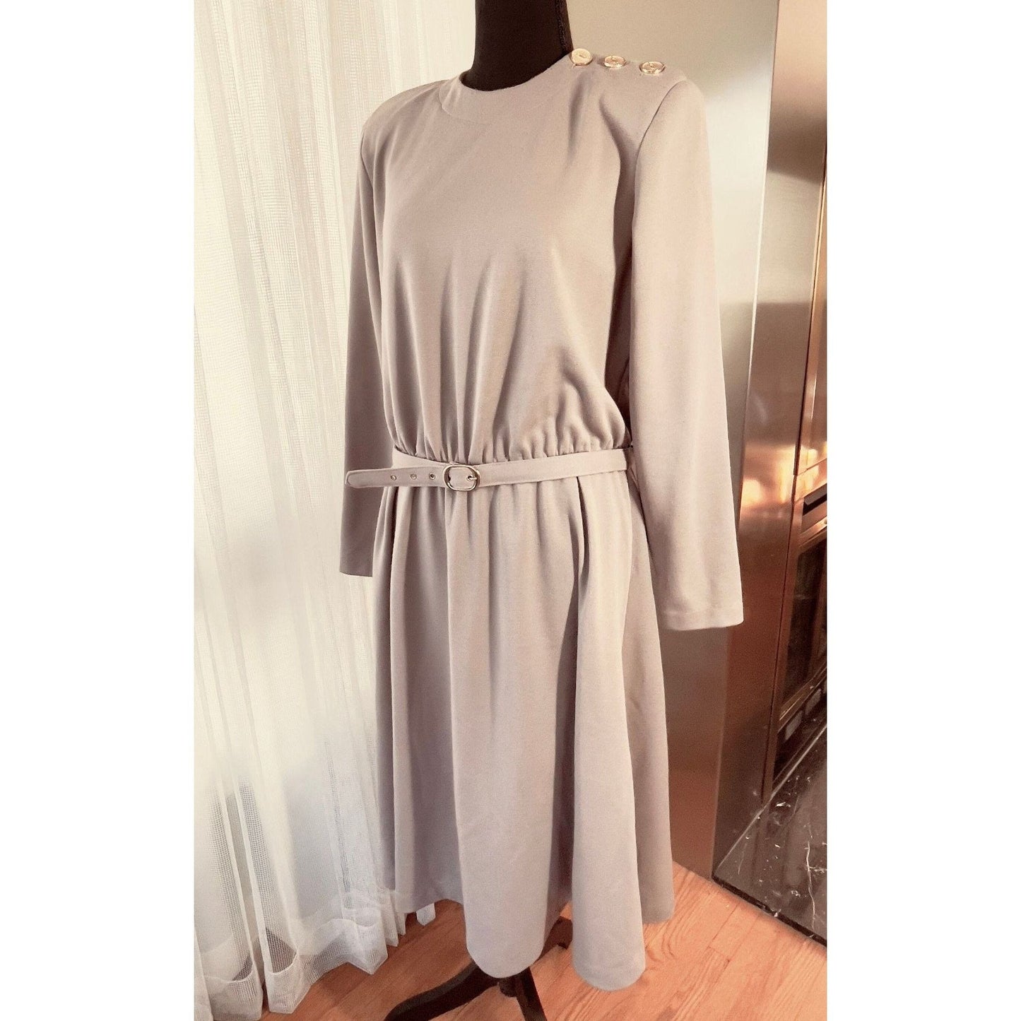Vintage 80s dress, grey/beige, long sleeves