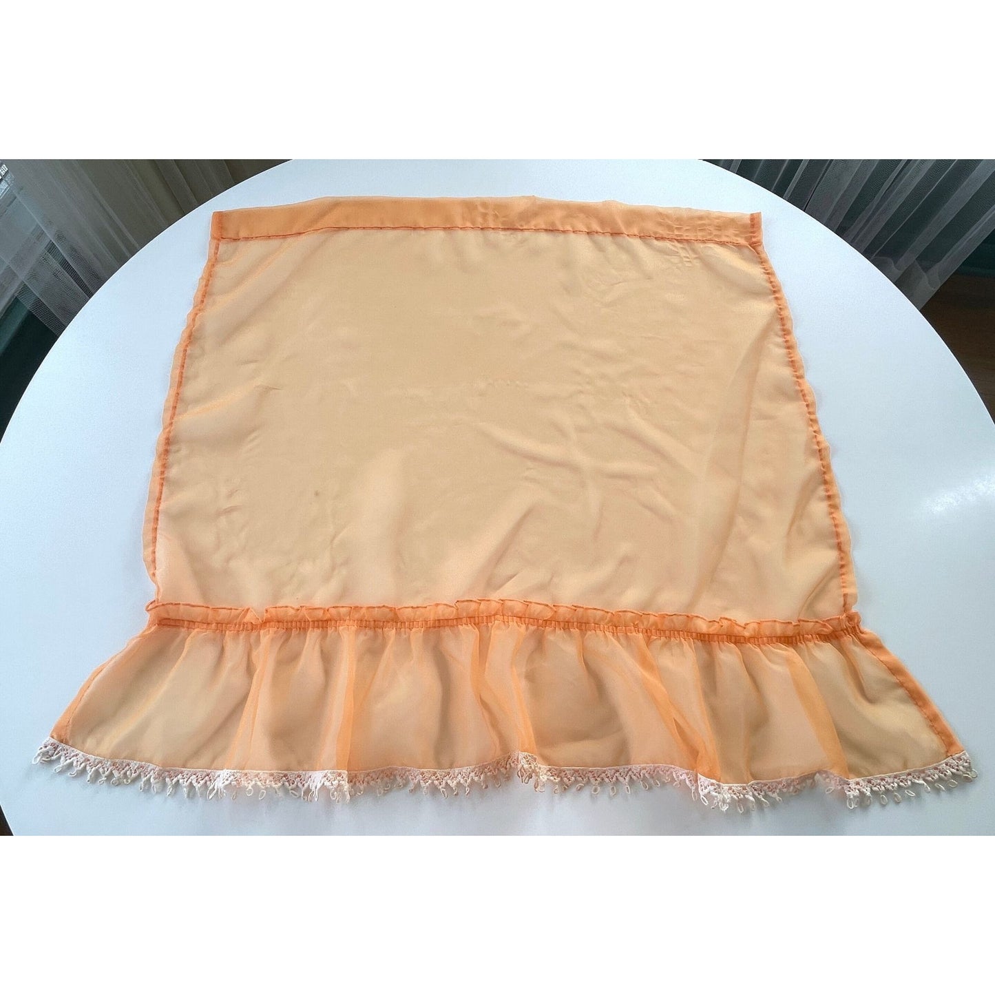 Vintage 70s curtains, pair of orange sheer ruffled panels