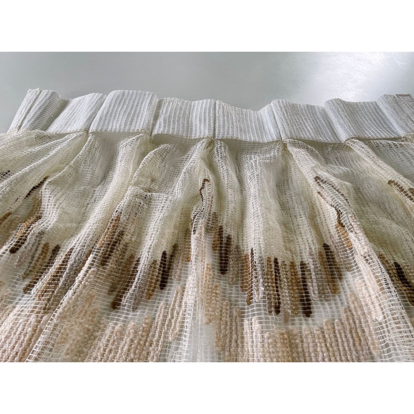 Vintage 80s pleated curtain, tan brown geometric mesh