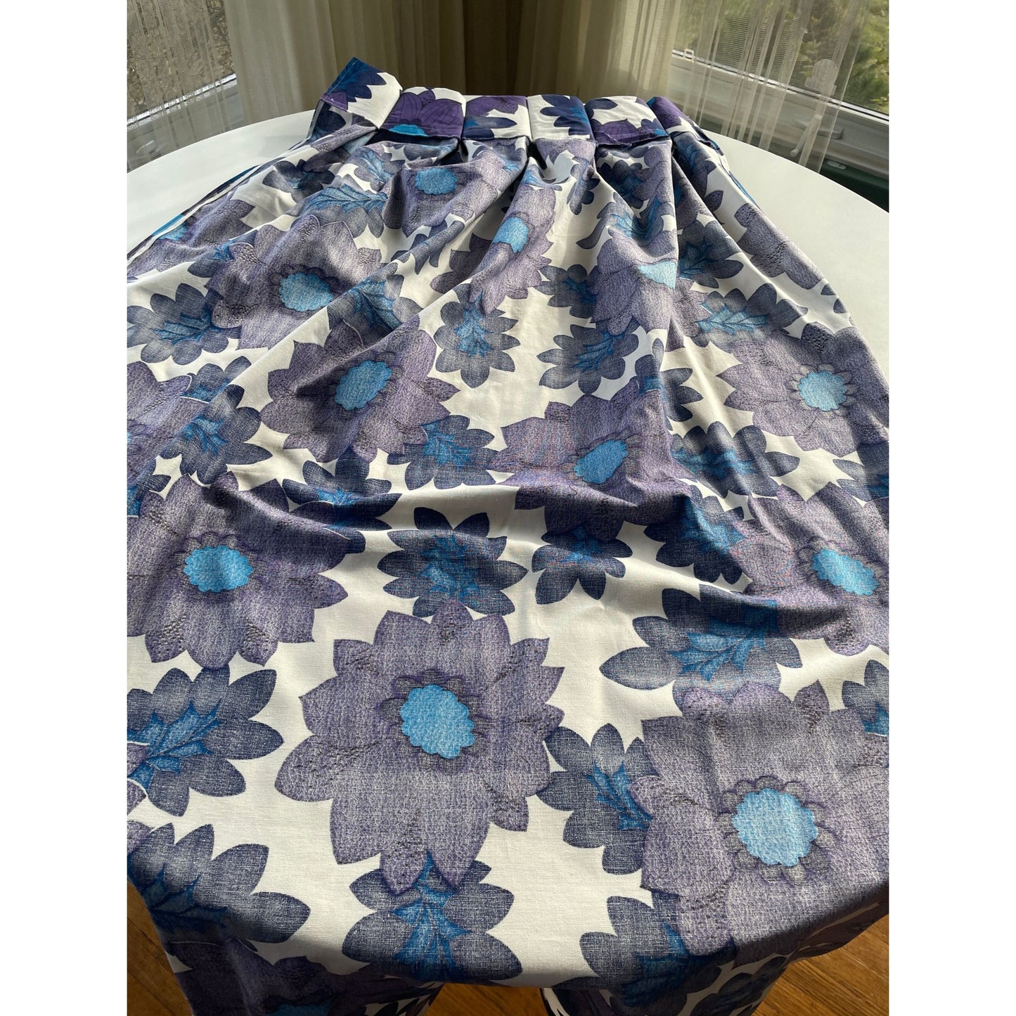 Vintage 70s pleated curtains, purple and blue flowers