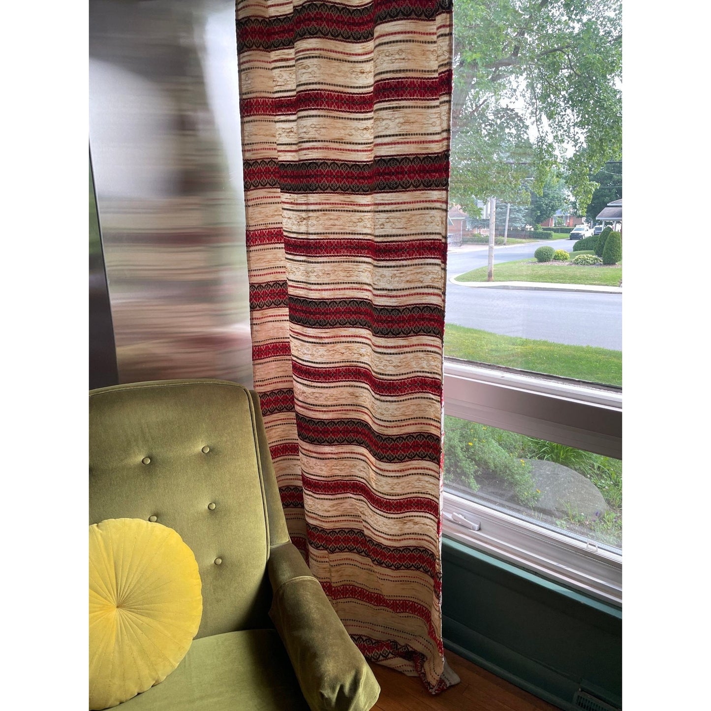 Vintage 70s pleated curtain panel, single panel, red brown stripes