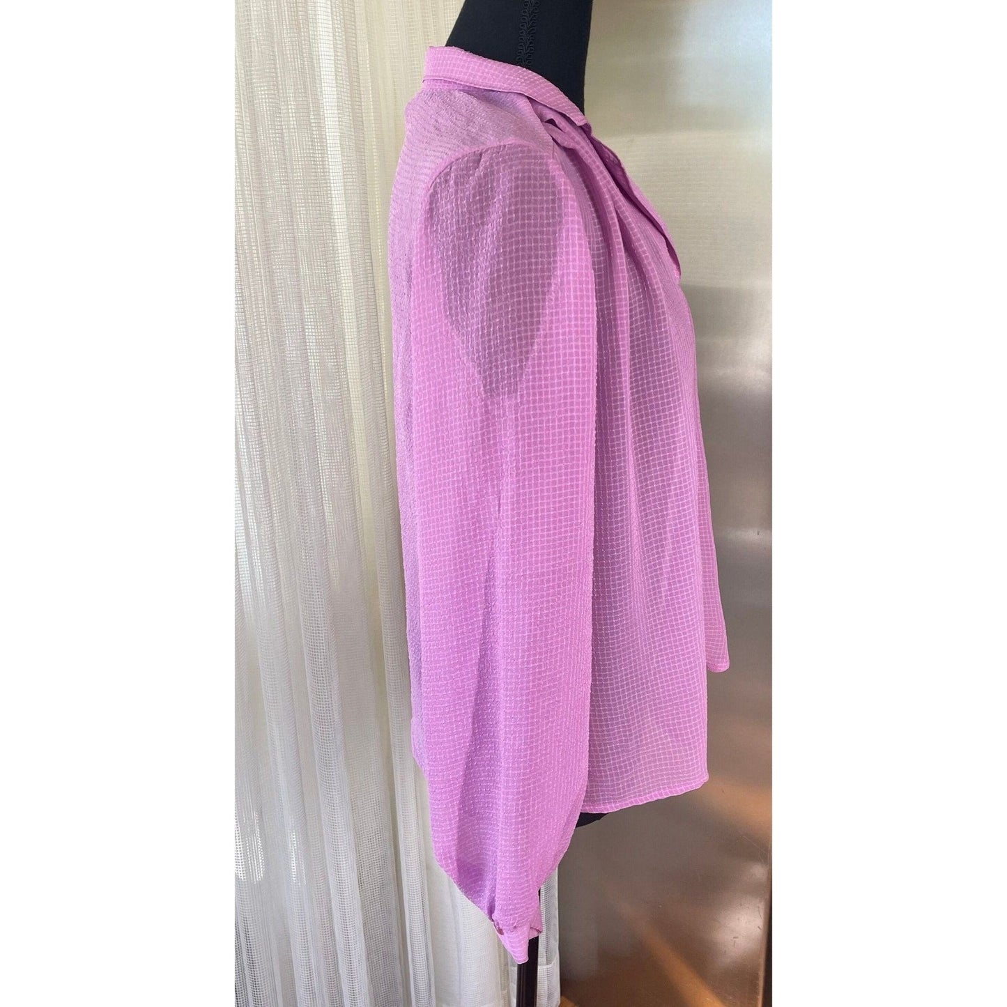 Vintage 80s sheer blouse, pink textured, long sleeves