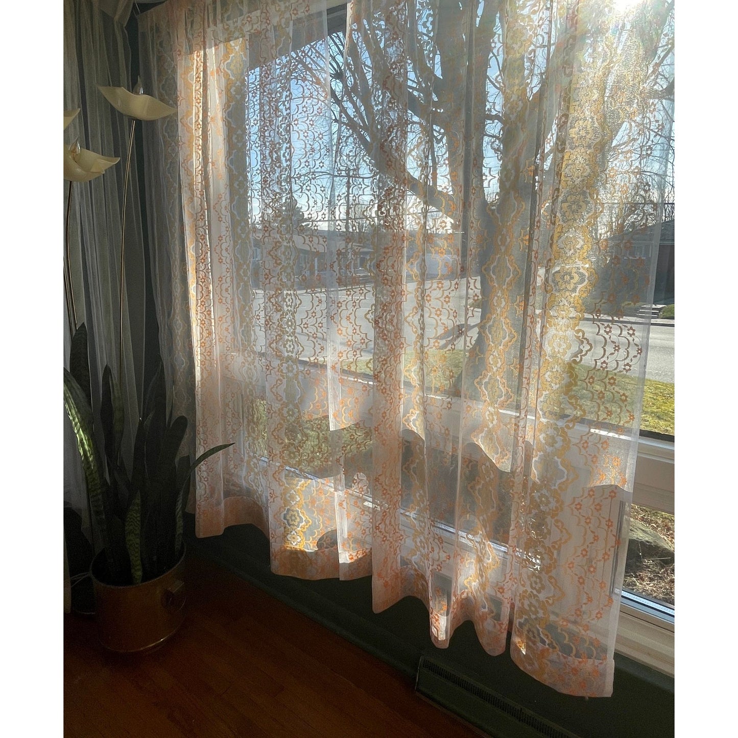 Vintage 70s mesh curtains, orange white groovy pattern, pair