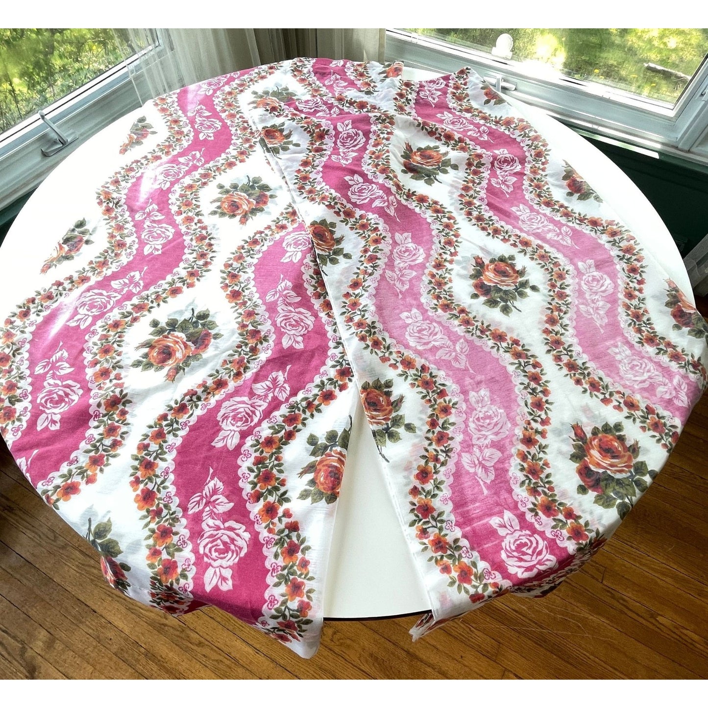 Vintage 70s curtains, pink floral sheer pair of panels