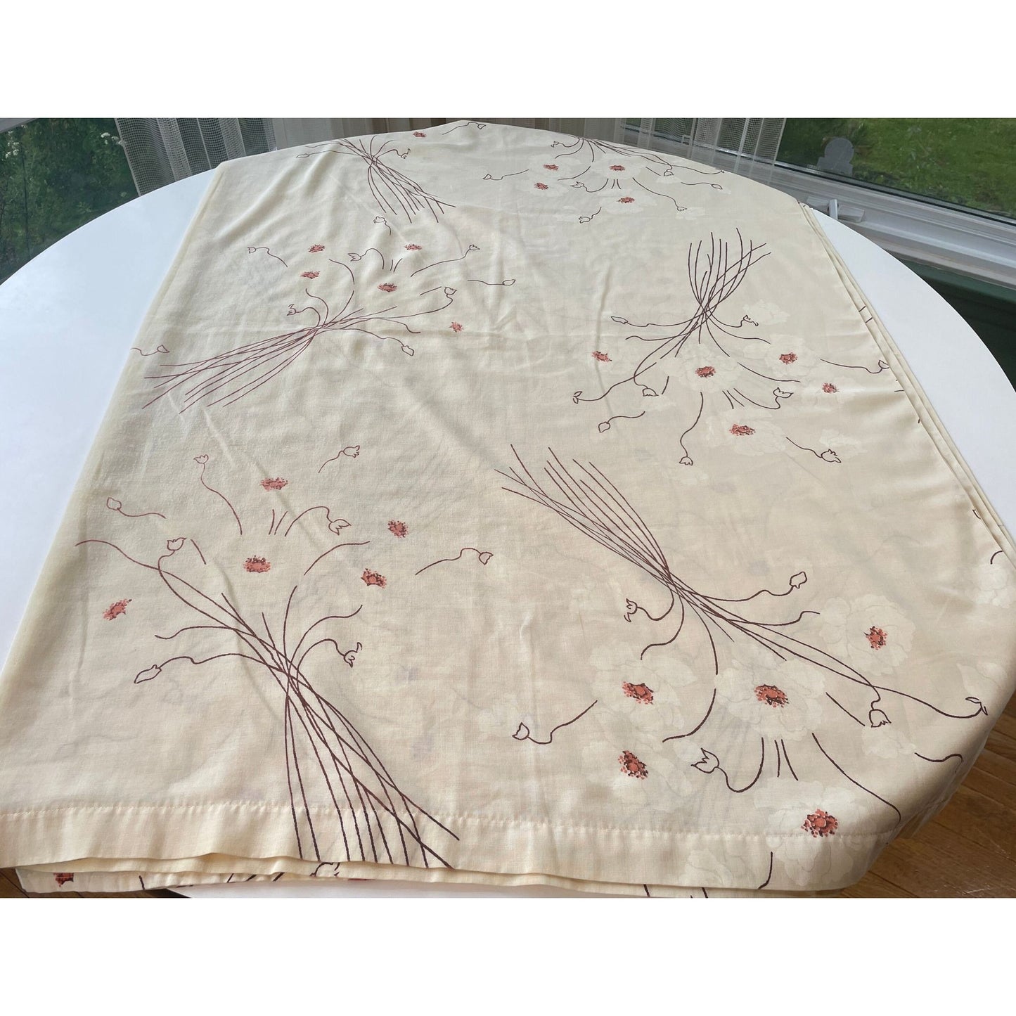 Vintage 80s flat sheet, beige brown orange flowers, twin size