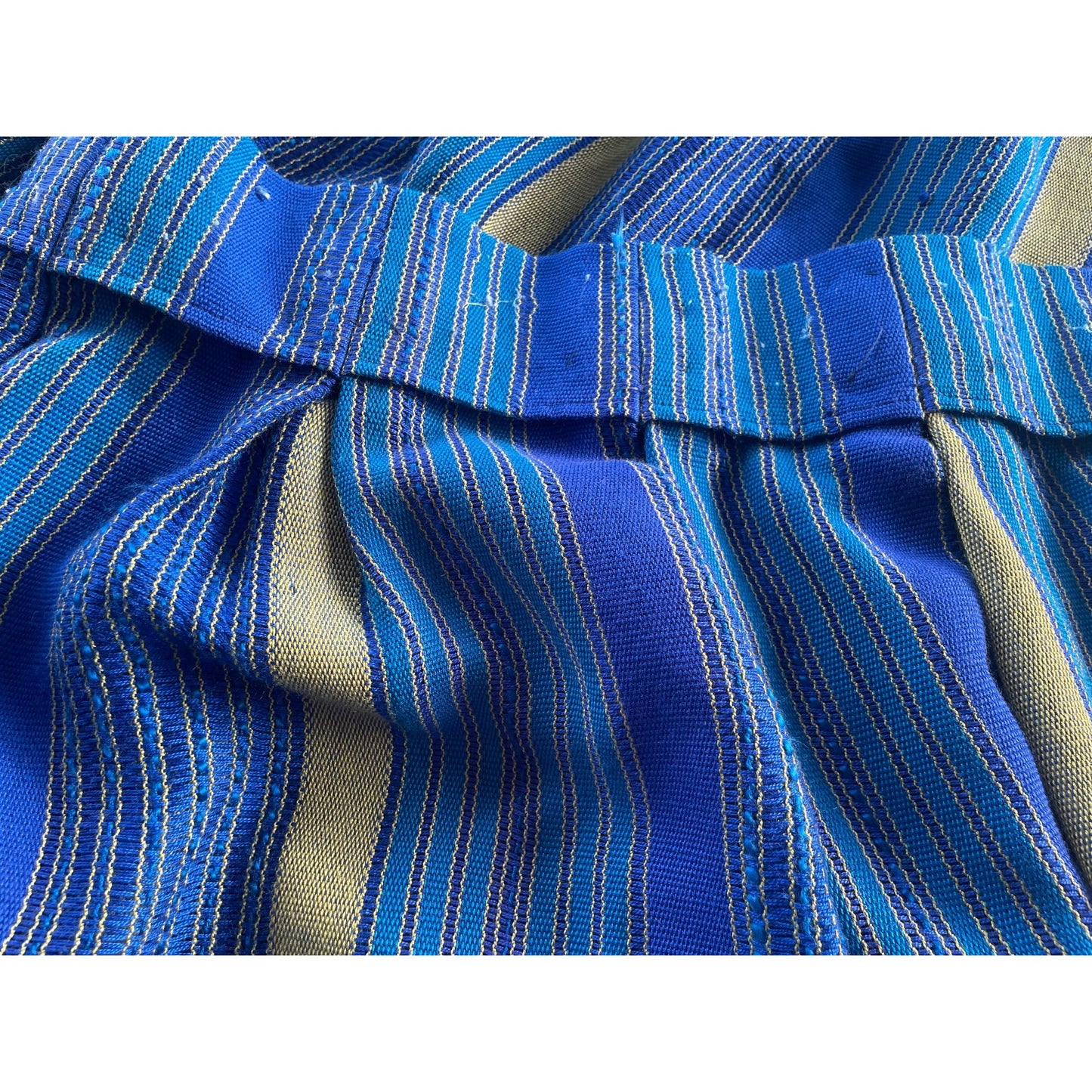 Vintage 70s pleated curtains, blue stripes, pair