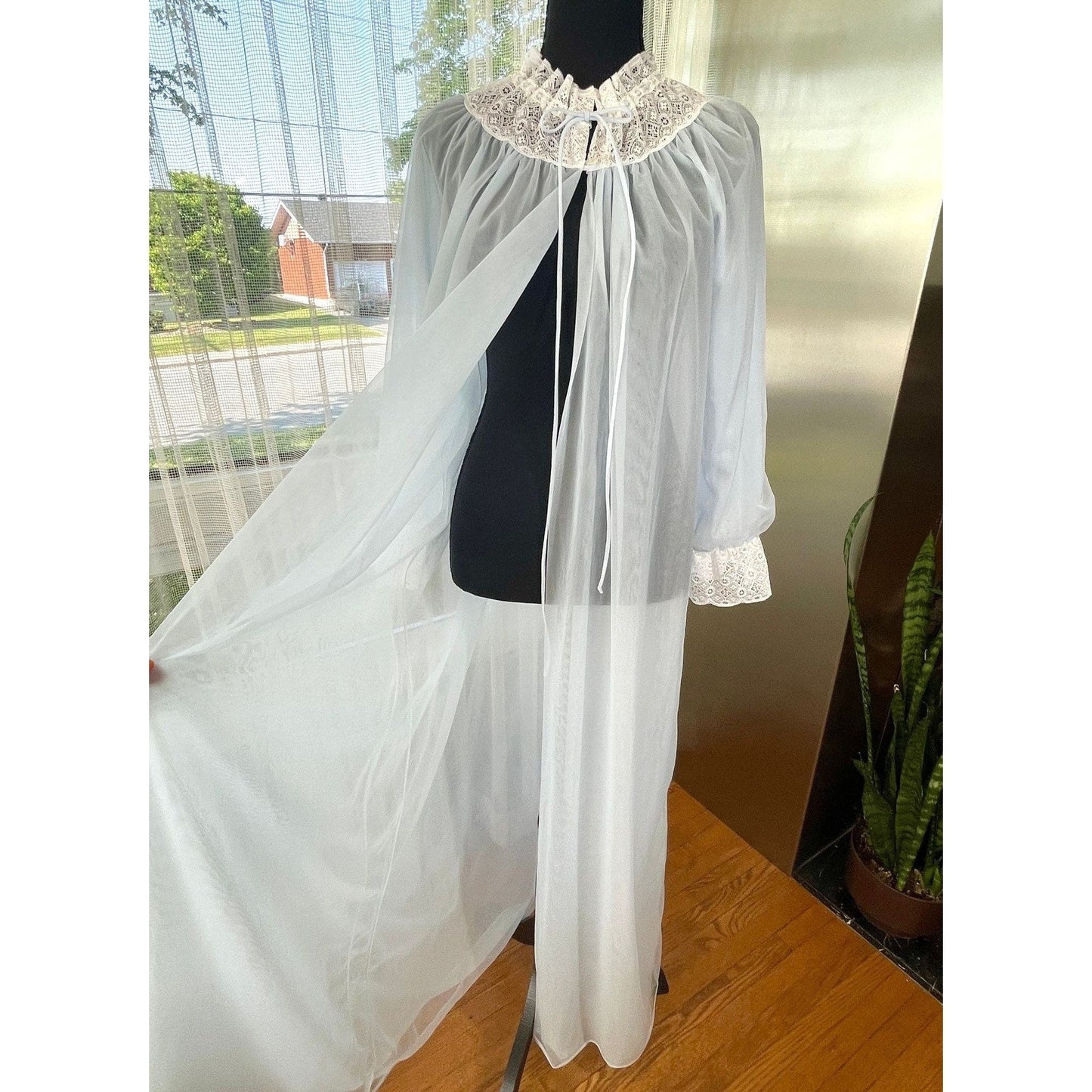Vintage 1960s peignoir, blue chiffon, bridal honeymoon wear
