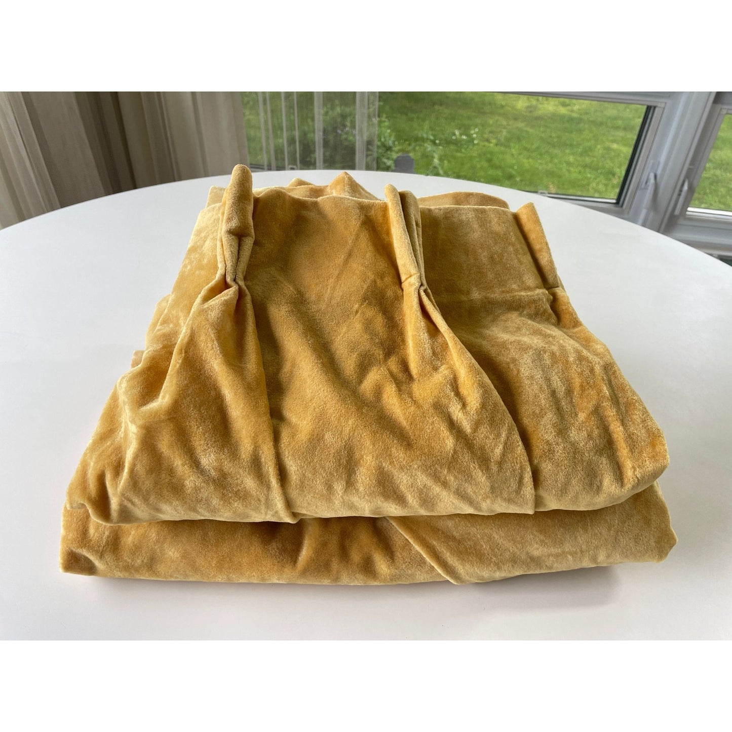 Vintage 70s yellow velvet pleated curtains