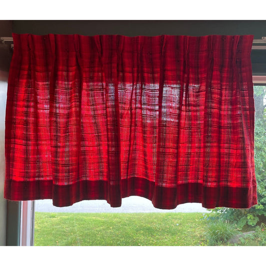 Vintage 70s pleated curtain, red stripes, woven panel