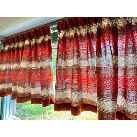 Vintage 70s pleated curtain, brick red, brown, beige stripes panel