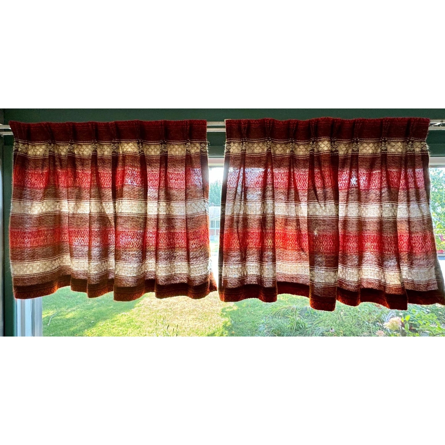 Vintage 70s pleated curtain, brick red, brown, beige stripes panel