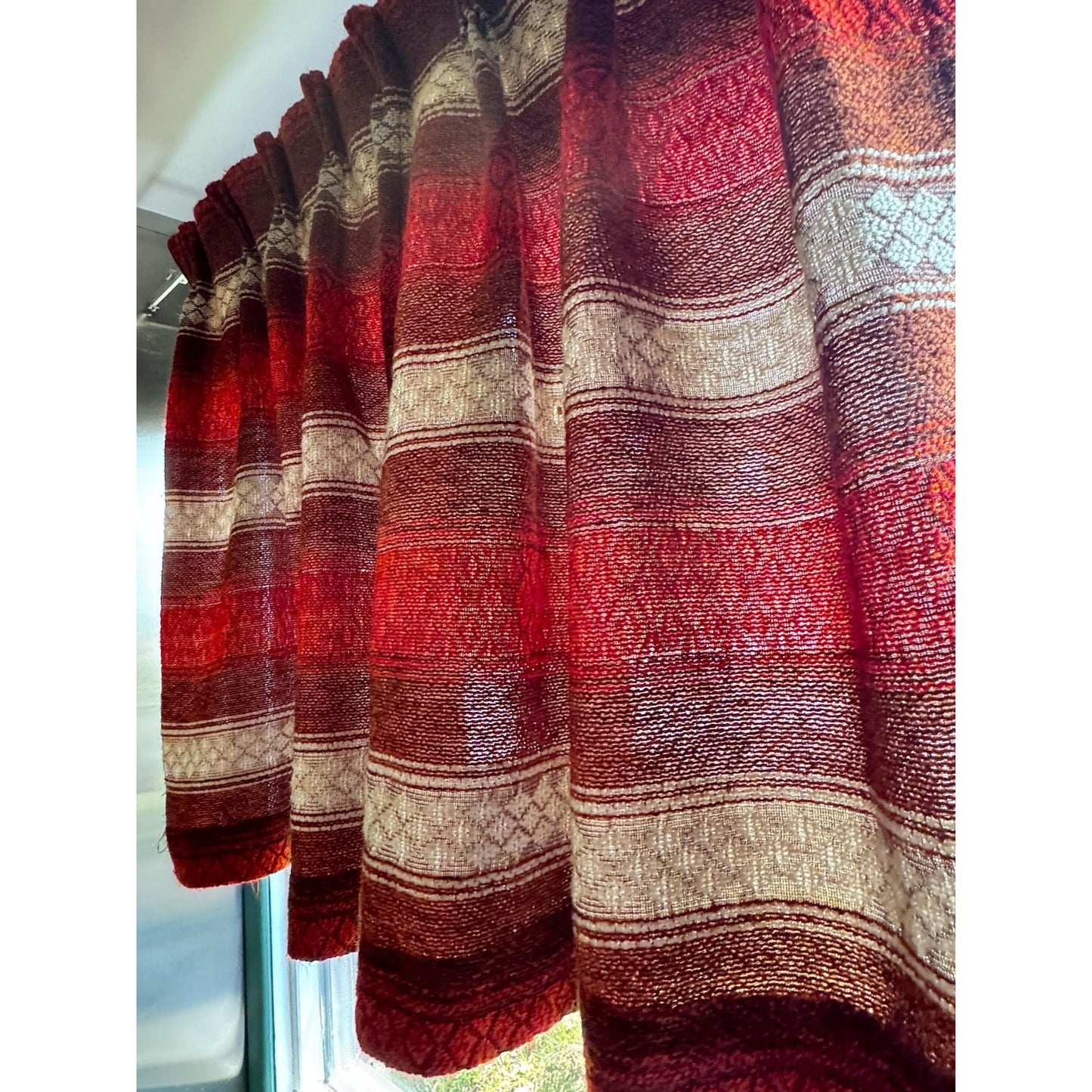 Vintage 70s pleated curtain, brick red, brown, beige stripes panel