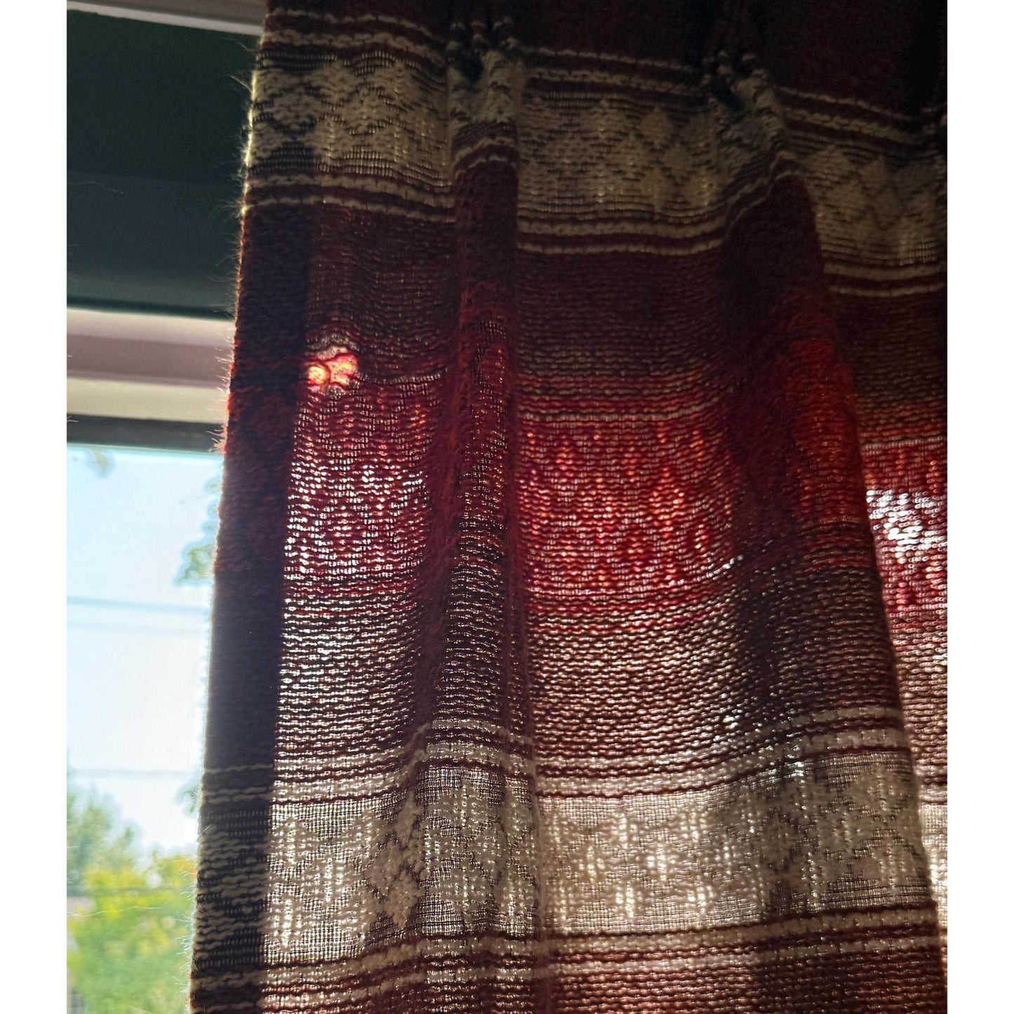 Vintage 70s pleated curtain, brick red, brown, beige stripes panel