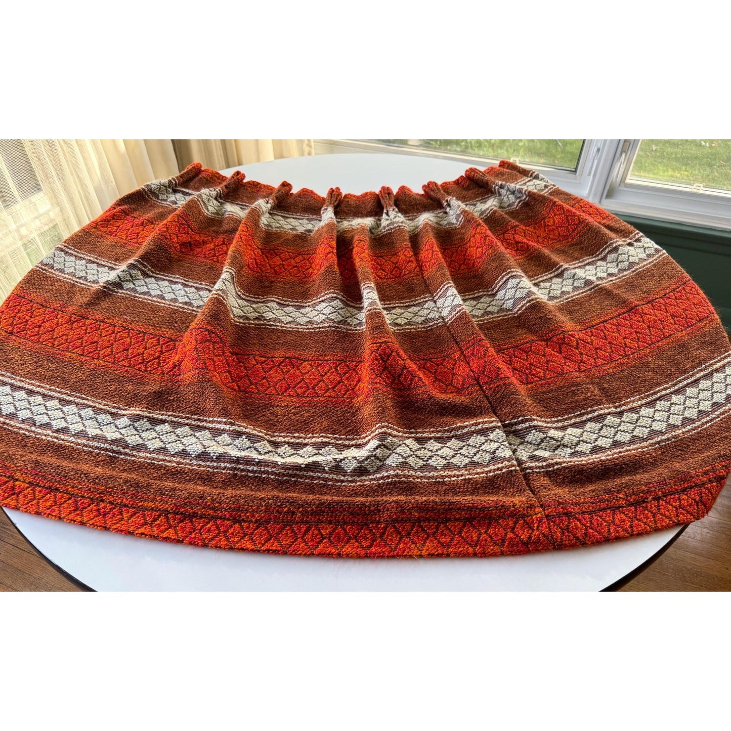 Vintage 70s pleated curtain, brick red, brown, beige stripes panel