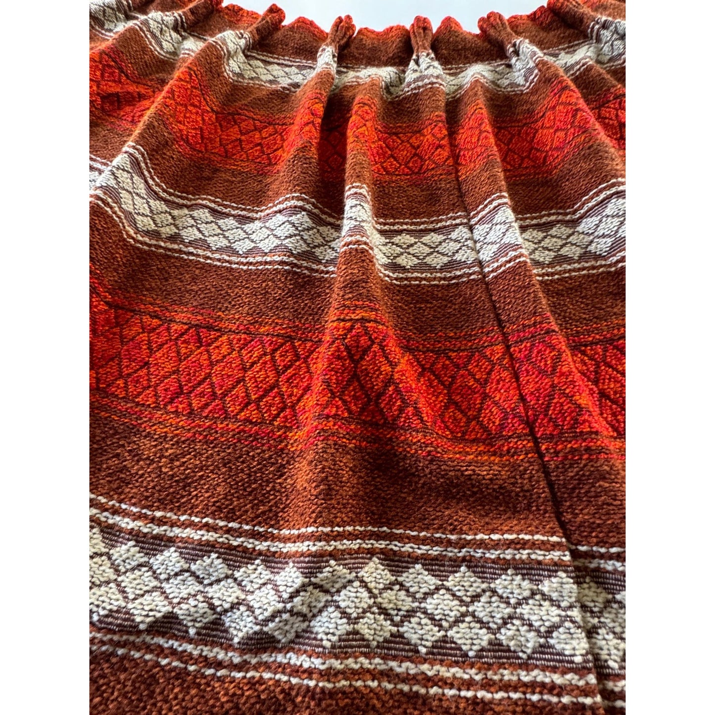 Vintage 70s pleated curtain, brick red, brown, beige stripes panel