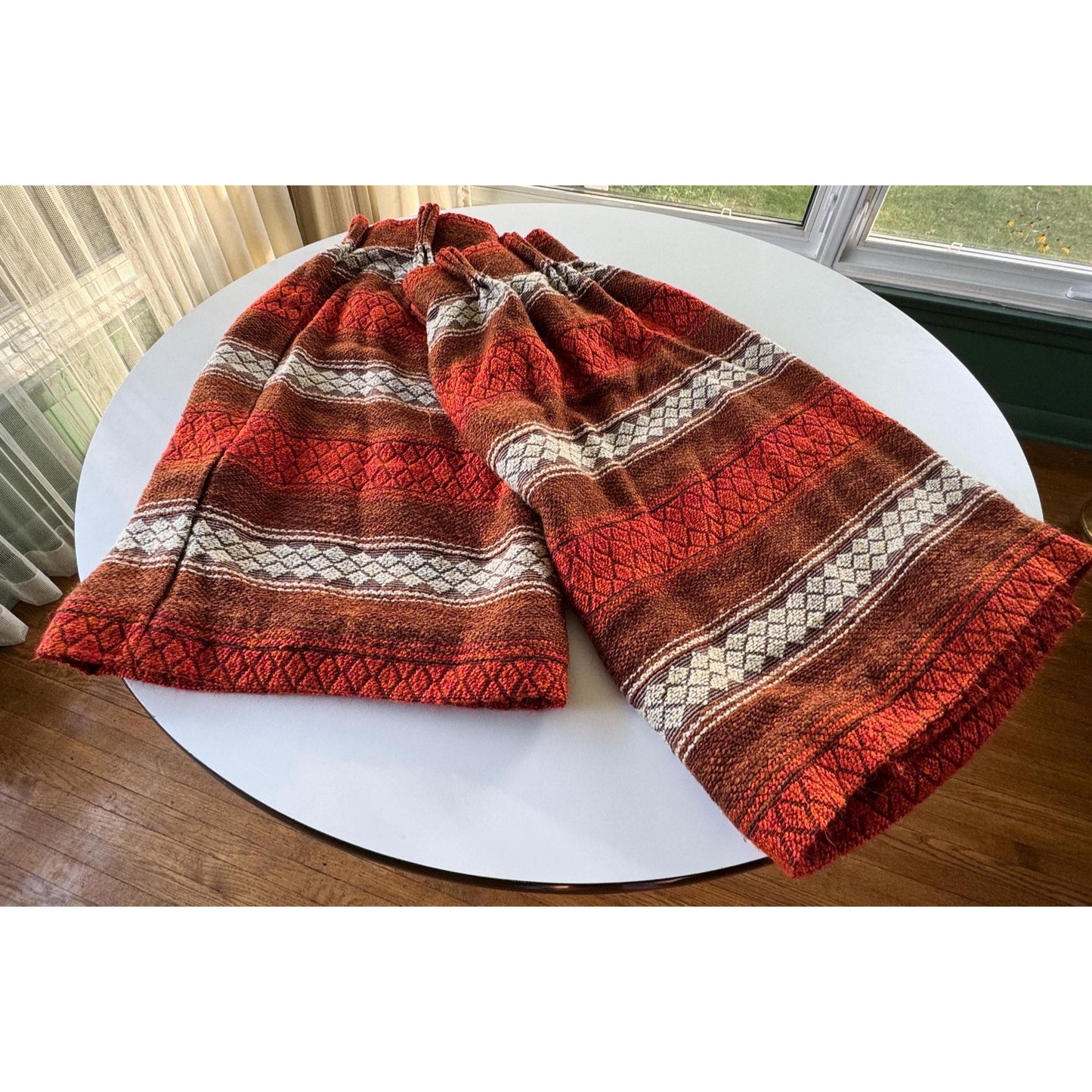 Vintage 70s pleated curtain, brick red, brown, beige stripes panel