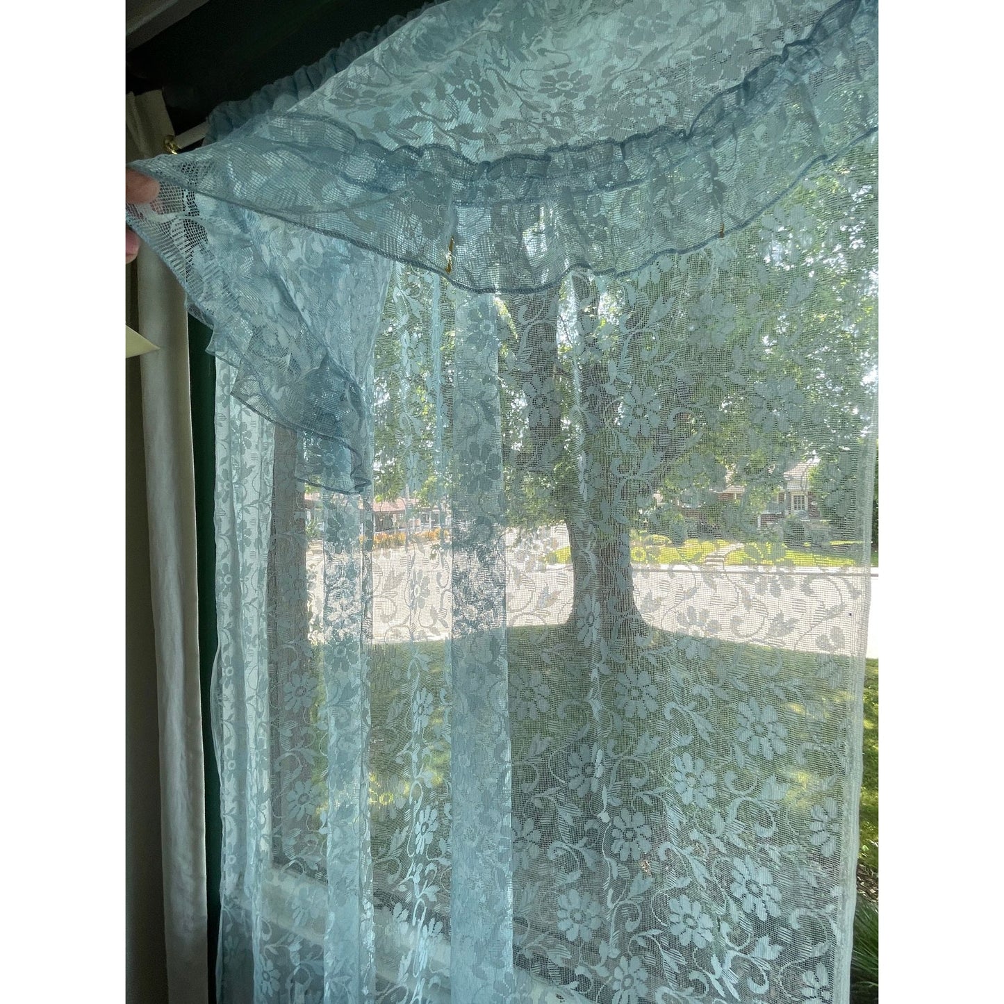 Vintage 70s curtain, blue floral with top ruffle