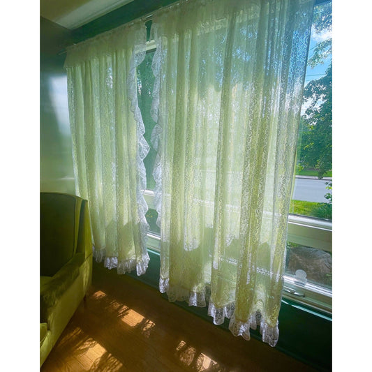 Vintage 70s mesh green and white ruffled curtains