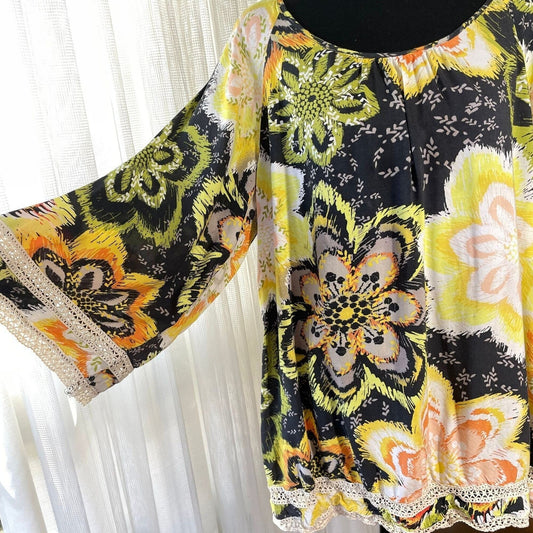Vintage 80s oversized blouse, black, yellow orange flowers, bell sleeves