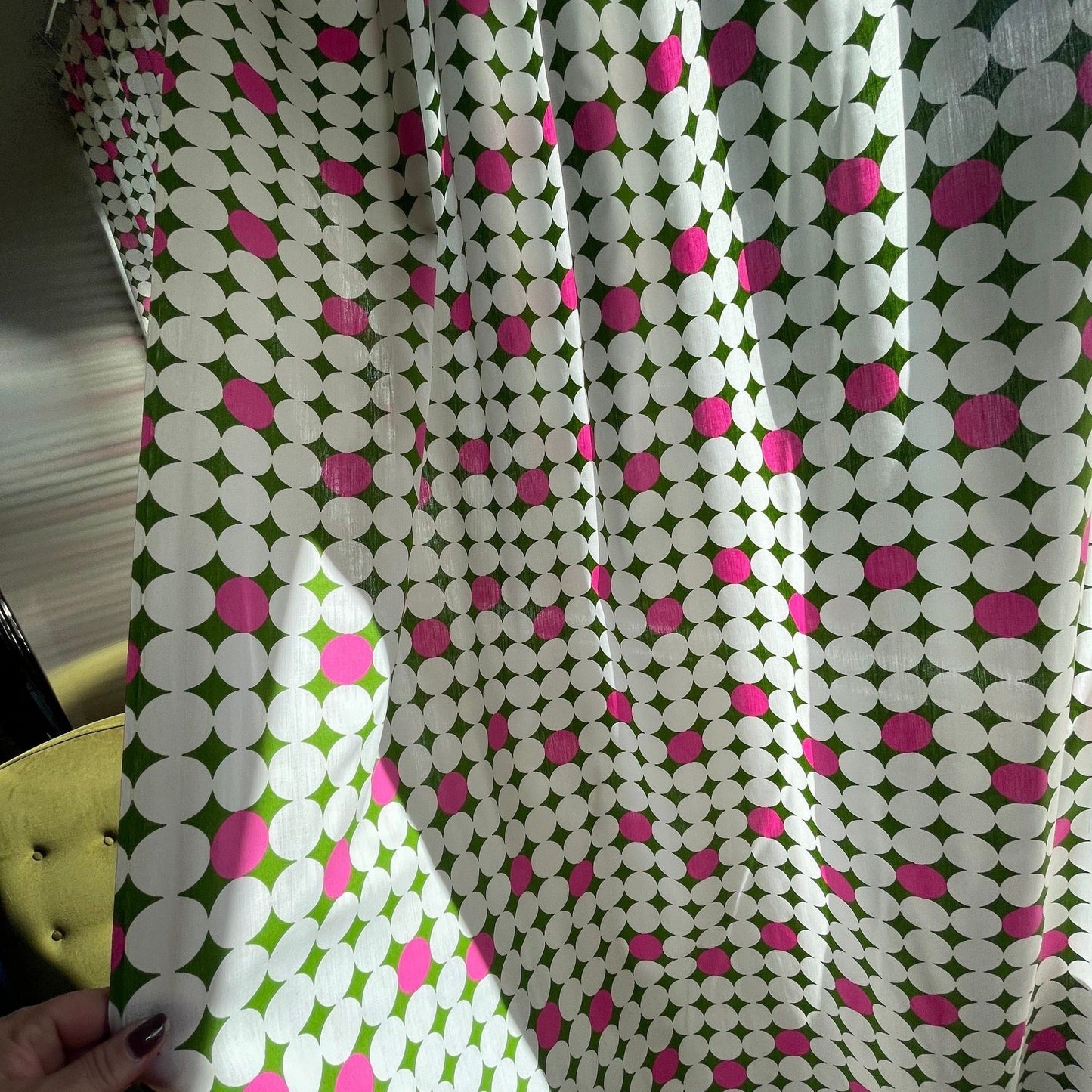 Vintage 70s curtain panels, hot pink and green geometric pattern