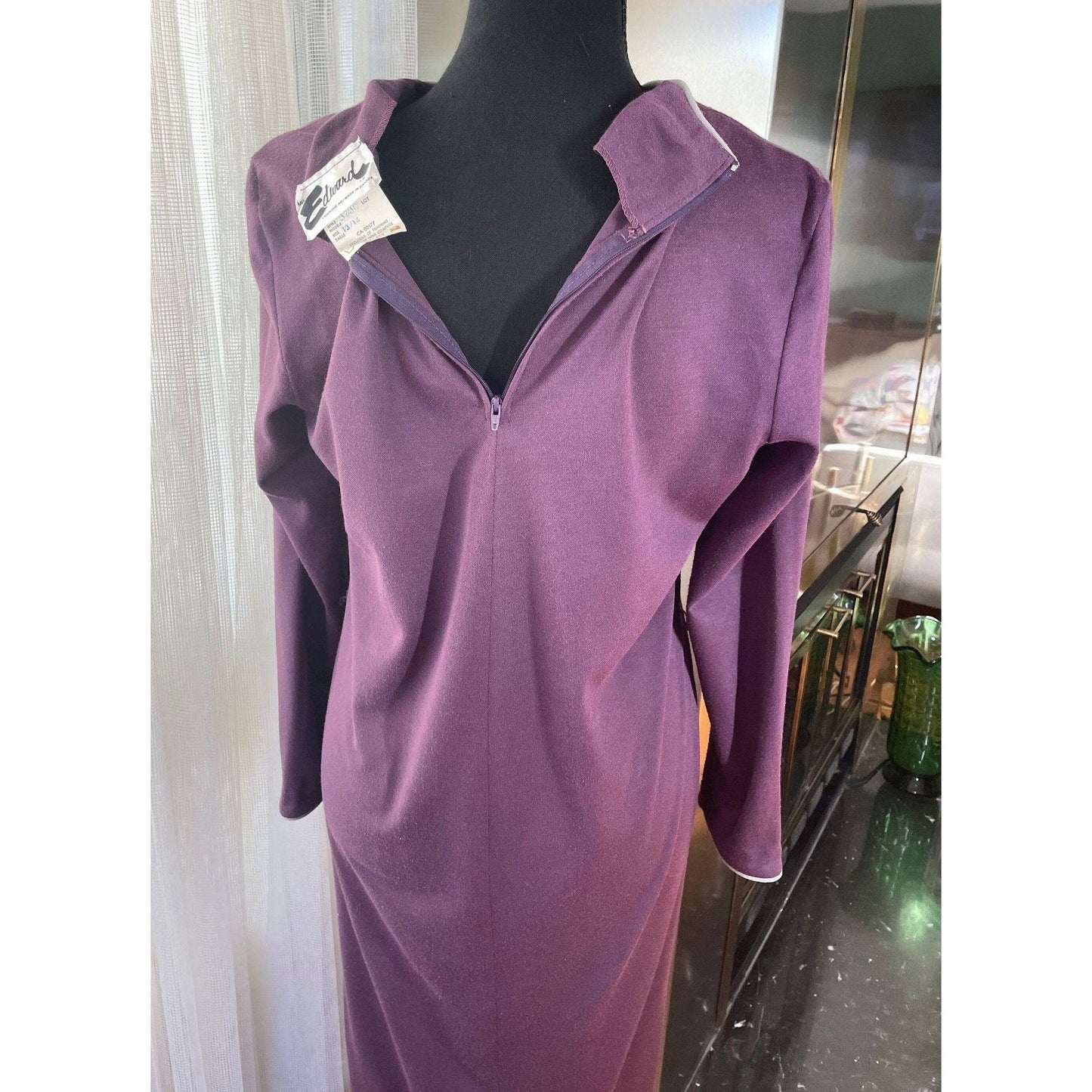 Vintage 80s dress, purple and grey, long sleeves, Mr Edwards