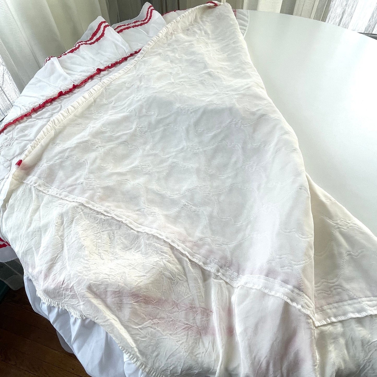 Vintage 80s ruffled satin bedspread, twin size, white with red ribbons