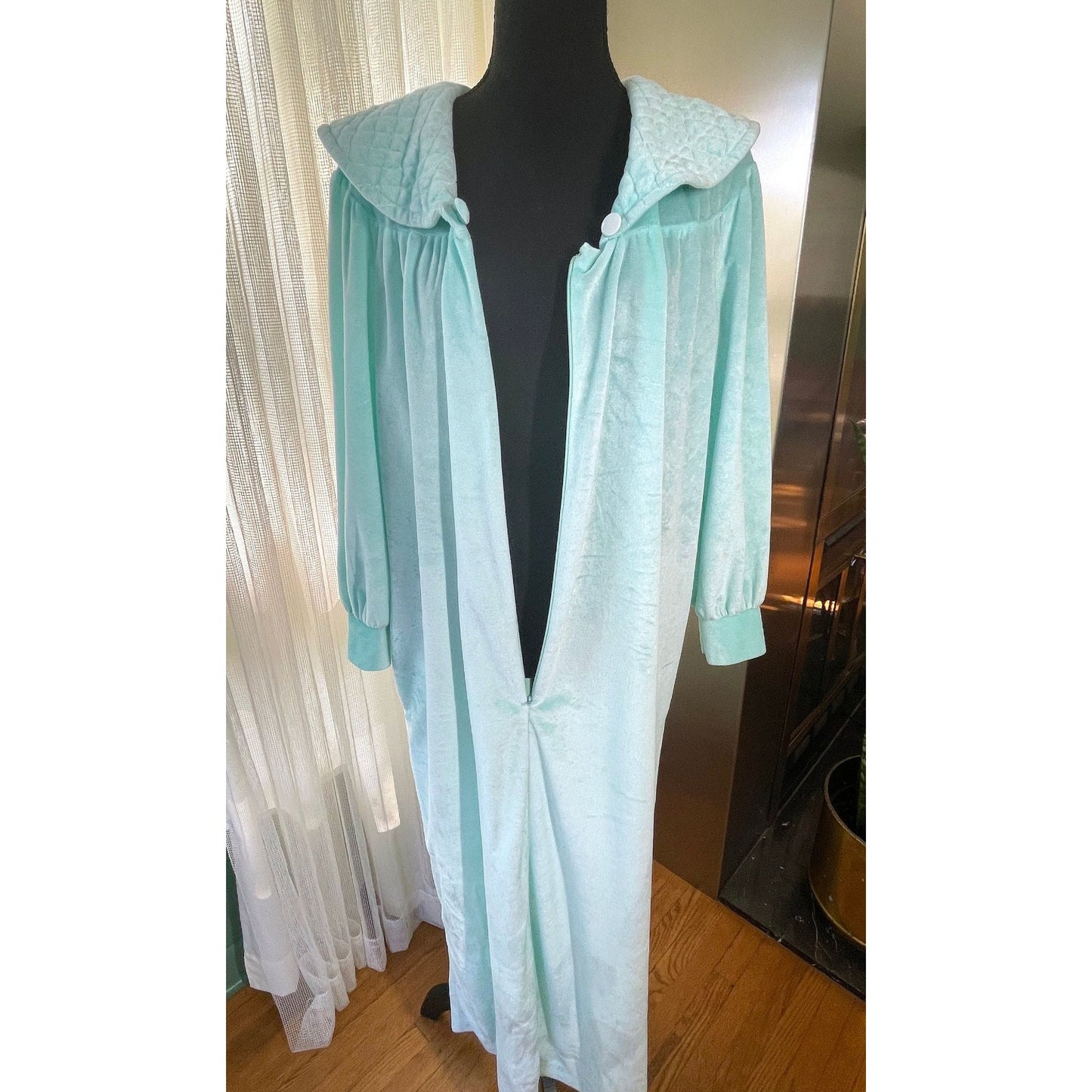 Vintage 1960s robe, sea foam teal blue velvet