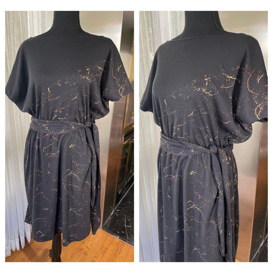 Vintage 80s dress, black with splatter print dress, batwing