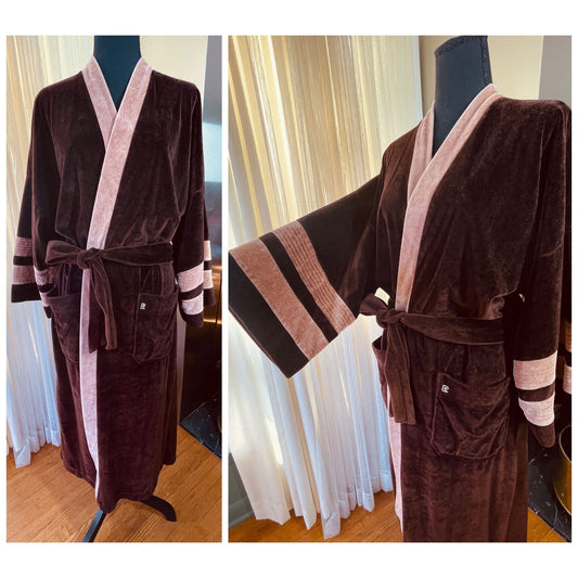 Vintage 1970s bathrobe, chocolate brown velvet, Pierre Cardin