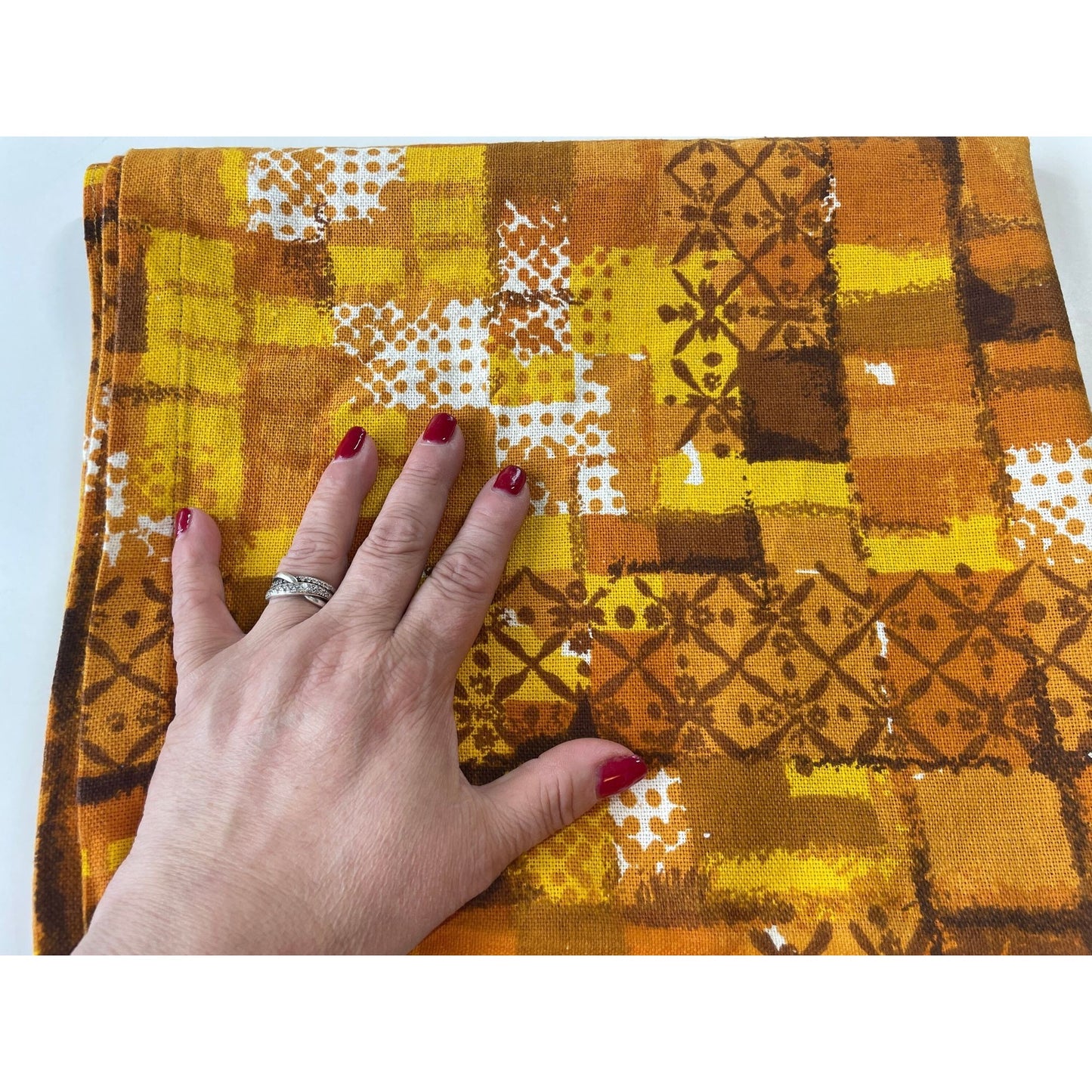 Vintage 60s mod tablecloth, orange geometric pattern