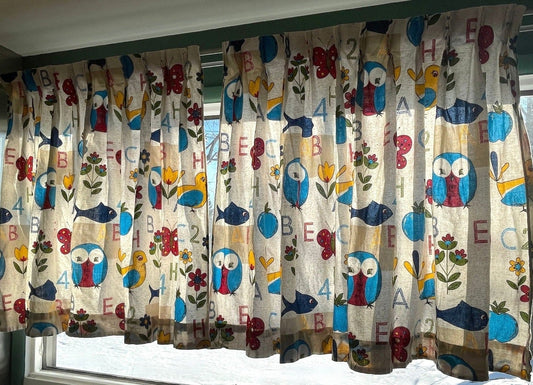 Vintage 70s pleated curtains, juvenile novelty pattern, owl, whale, butterfly