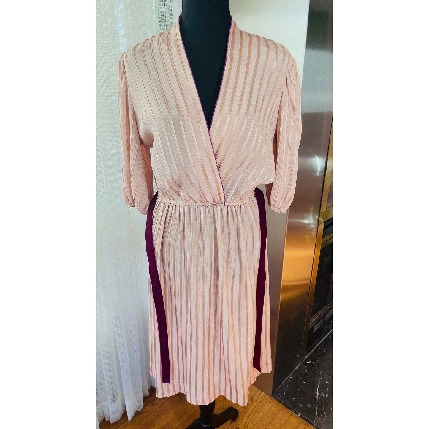 Vintage 80s dress, gold rose textured, velvet raspberry ribbon