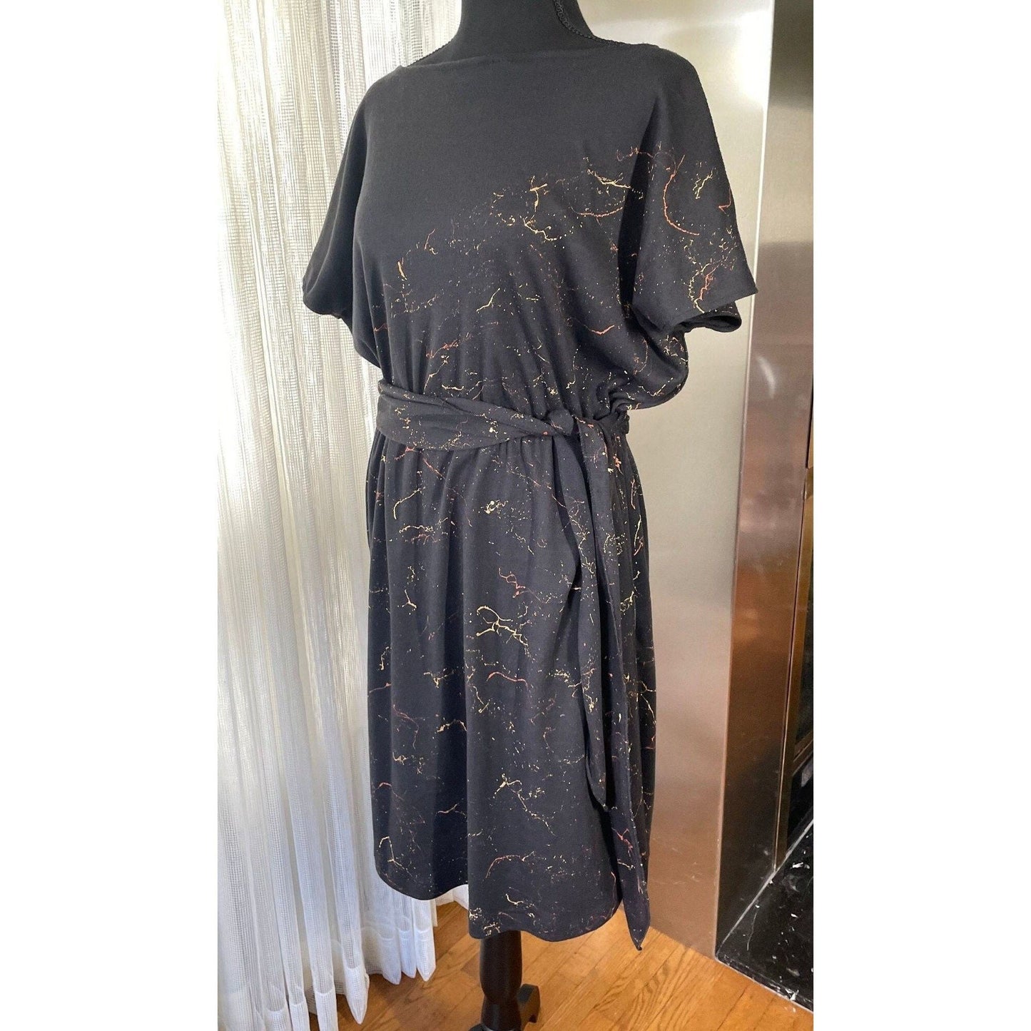 Vintage 80s dress, black with splatter print dress, batwing