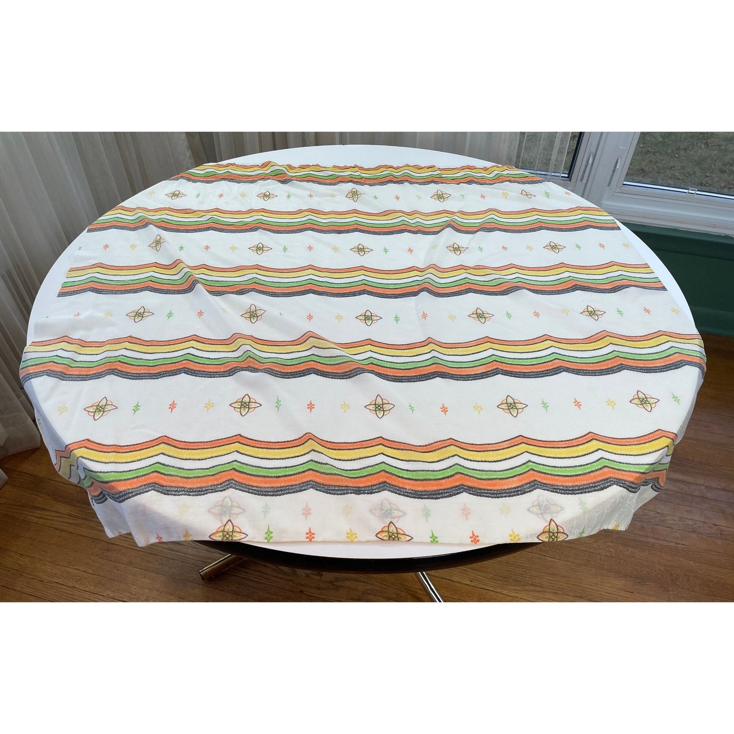 Vintage 60s geometric pattern curtains, orange green and brown