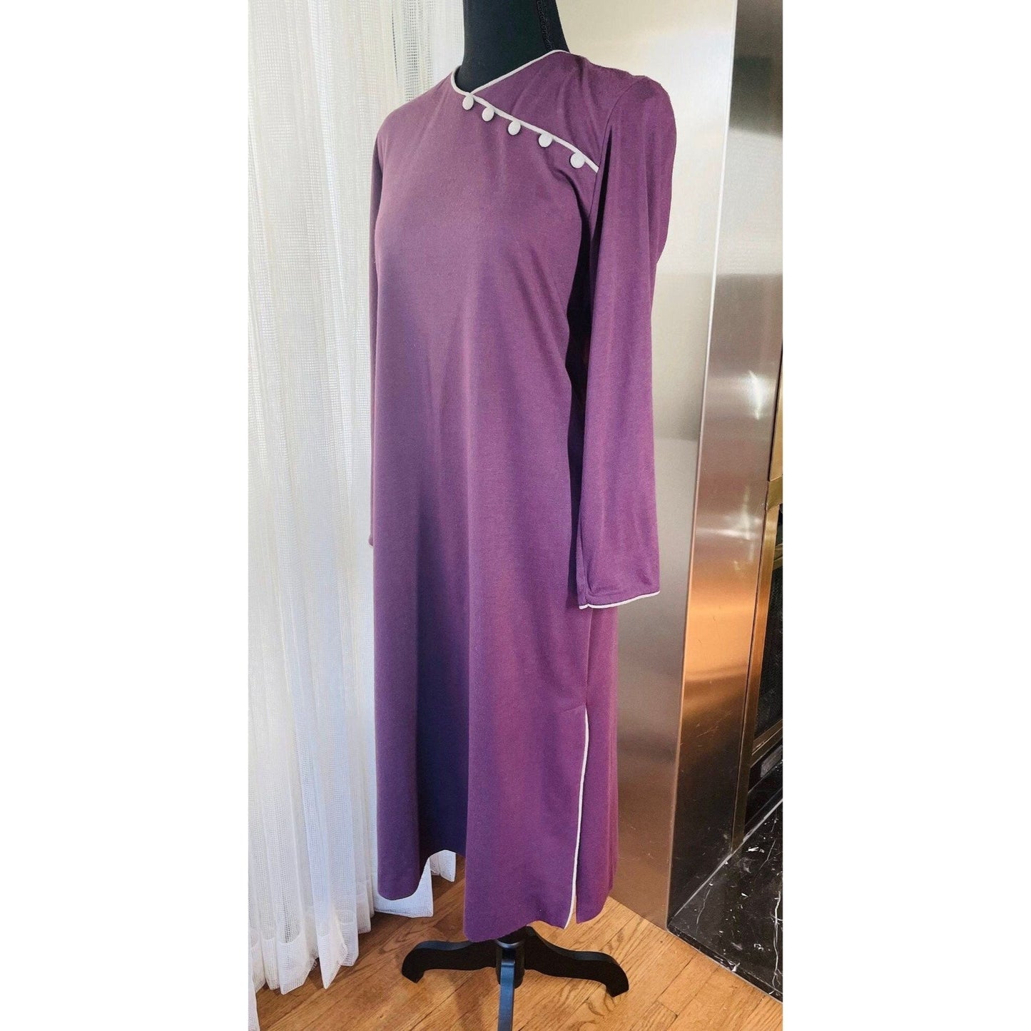 Vintage 80s dress, purple and grey, long sleeves, Mr Edwards