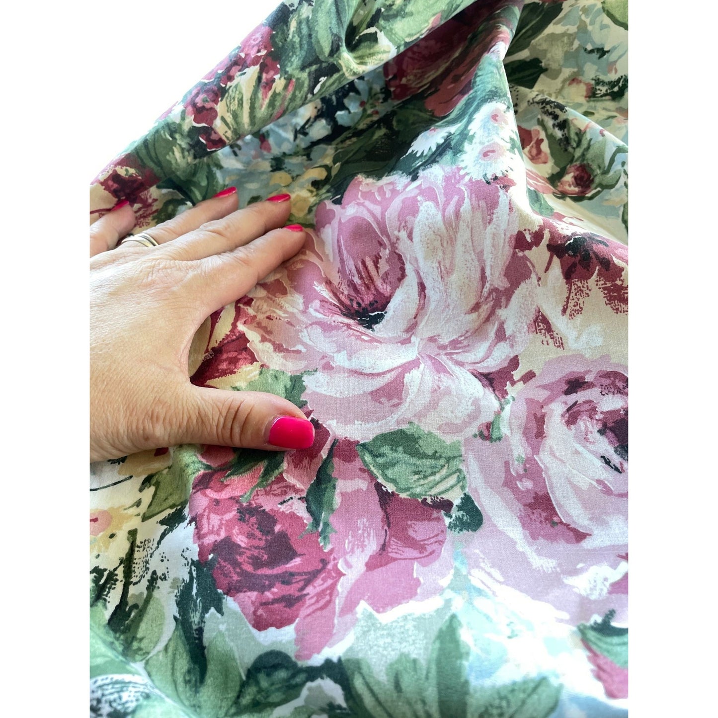 Vintage 80s curtain, green pink floral, ruffled bottom panel