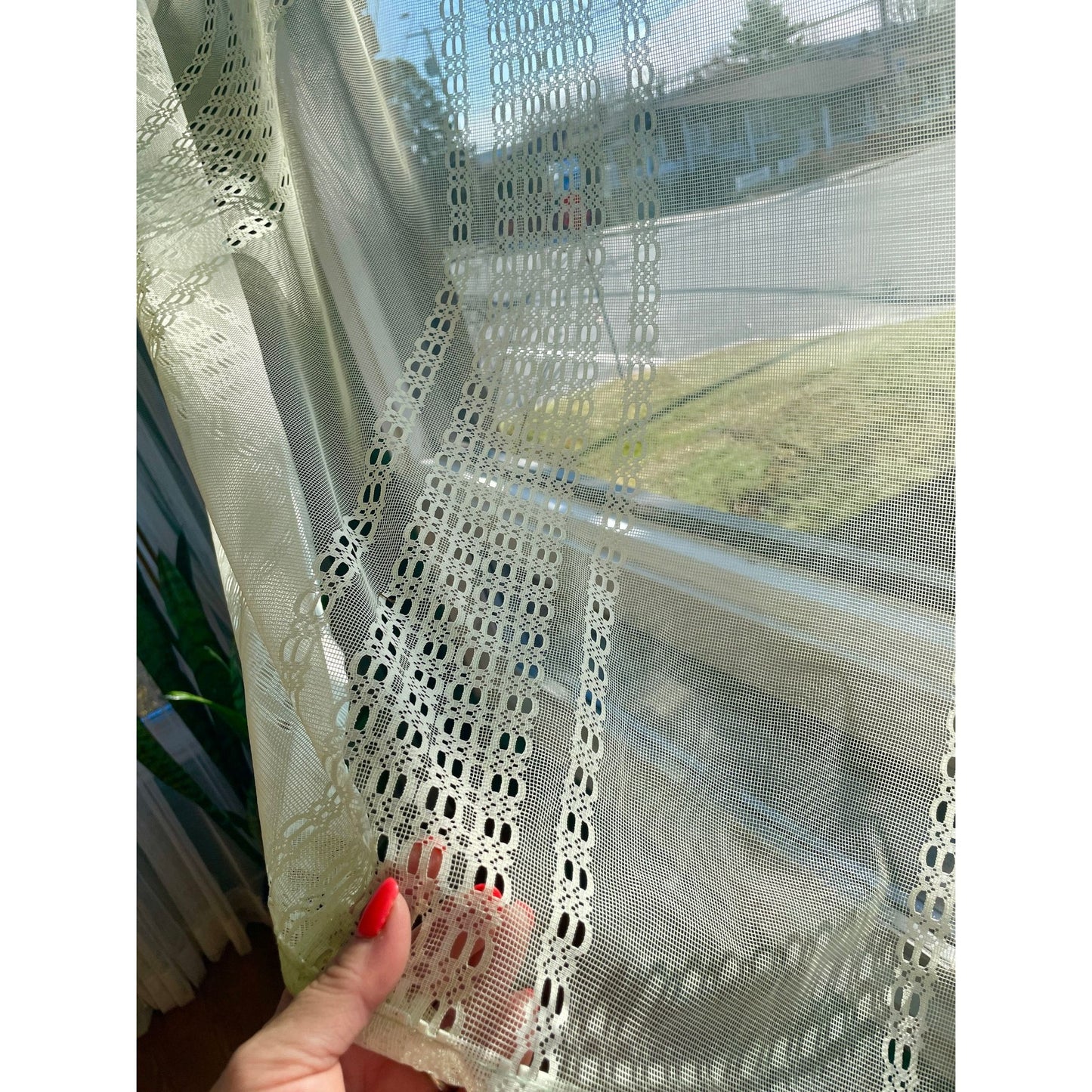Vintage 70s curtain, soft mint sheer mesh panel