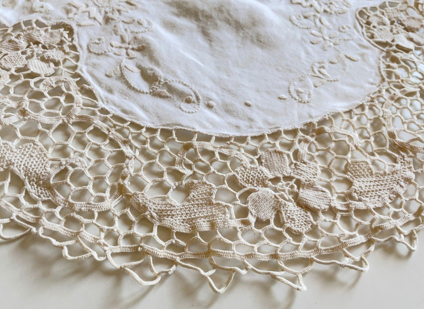 Vintage embroidered and crochet doily, 20 inches wide
