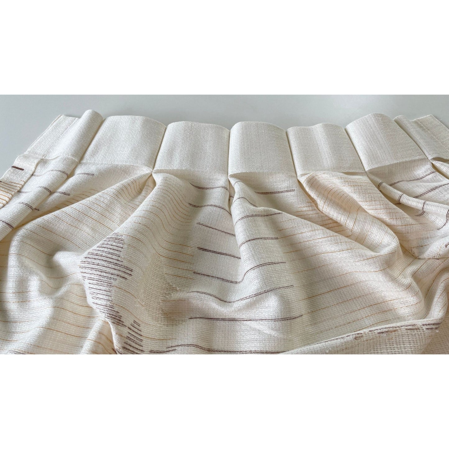 Vintage 80s pleated curtain, beige and brown artistic scenery, single panel