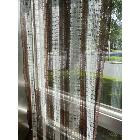 Vintage 70s curtain, brown white stripes, mesh panel