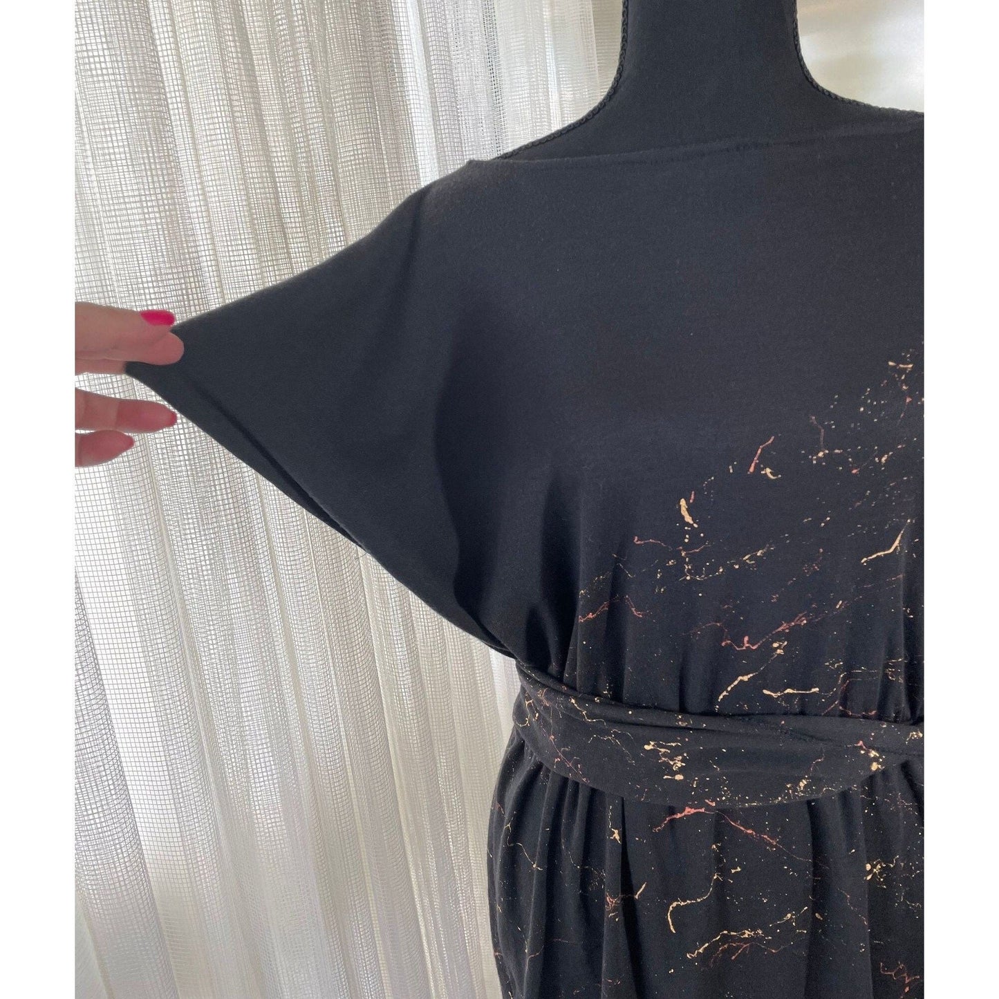 Vintage 80s dress, black with splatter print dress, batwing